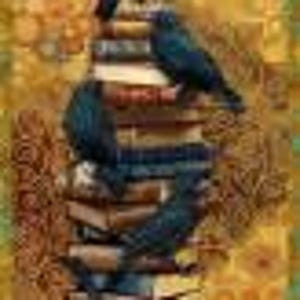 May include: A stack of books with five black birds perched on top. The books are various sizes and colors, with the birds' dark feathers contrasting against the warm, patterned background. The overall theme is literary and avian.