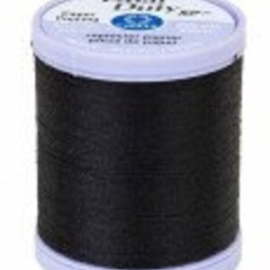 May include: A spool of black Dual Duty XP thread. The thread is tightly wound around a white plastic spool with a blue and white label. The label includes the text "Dual Duty XP" and "Coats & Clark".