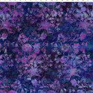 May include: A fabric swatch featuring a dense, repeating floral pattern in shades of deep navy blue, royal blue, and vibrant magenta. The intricate design consists of stylized blossoms, swirling vines, and leaves, creating a rich, layered texture.