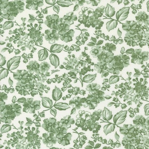 May include: A fabric with a repeating floral pattern in shades of green on a white background. The design features various flowers and leaves, creating a botanical theme. The overall aesthetic is reminiscent of vintage or cottagecore styles.