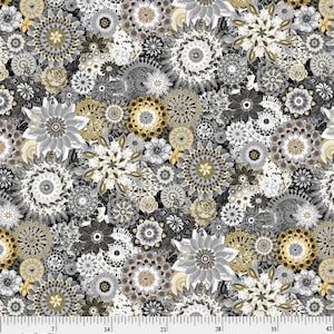 May include: A seamless fabric pattern featuring a variety of intricate floral designs in shades of gray, white, and gold. The pattern is reminiscent of lace and embroidery, with delicate details and overlapping layers.