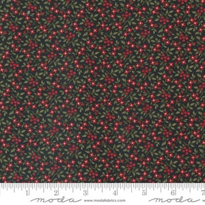May include: Black fabric with a repeating pattern of small red flowers and green leaves.