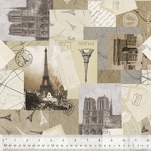 May include: A collage of vintage Parisian imagery, including the Eiffel Tower, Notre Dame Cathedral, and the Arc de Triomphe. The images are printed on a beige background with a subtle texture. The text "Paris" and "City of Love" are visible in the image.