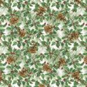 May include: A repeating pattern of green leaves and brown seed clusters on a white background. The design has a watercolor effect, with soft edges and a naturalistic feel. The leaves are various shades of green, and the seed clusters are a warm brown.