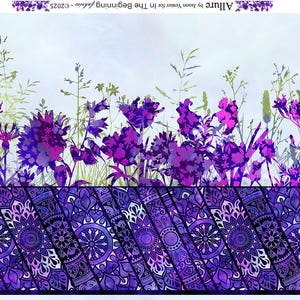 May include: Fabric with a floral design featuring purple flowers and green foliage against a light blue background. The lower section has a geometric pattern in shades of purple. The fabric is 10 inches wide.