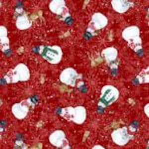 May include: Red fabric with a repeating pattern of snowmen wearing hats and scarves. The snowmen have black eyes and button noses. The background has a glittery effect with small reindeer.