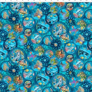 May include: A blue fabric with a repeating pattern of colorful sea life, including whales, dolphins, fish, and coral reefs. The sea life is enclosed in circular frames with a blue and white swirl design.