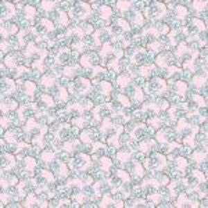 May include: A repeating pattern of light blue floral designs on a pale pink background. The flowers have a delicate, detailed appearance, with thin stems and leaves. The overall design is soft and feminine, suitable for fabric or wallpaper.