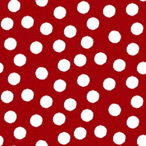 May include: Red fabric with a white polka dot pattern.