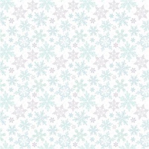 May include: A seamless pattern of light blue and pale purple snowflakes on a white background.