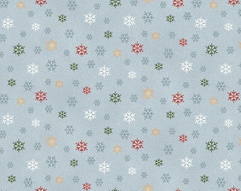 May include: A seamless pattern of snowflakes in various colors, including white, blue, red, green, and yellow, on a light blue background.