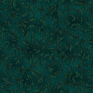 May include: Teal blue fabric with a repeating pattern of dark green stylized floral vines.