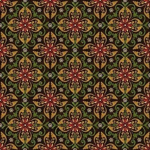 May include: A repeating pattern featuring ornate floral designs in shades of red, gold, green, and white against a dark brown background. The pattern is symmetrical and detailed, with swirling lines and small flower accents.