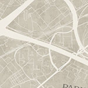 May include: A detailed map of a city, featuring a network of streets and roads in a neutral color palette. The map's design highlights the urban layout, with a focus on the intricate road systems and city blocks. The overall aesthetic is clean and modern.