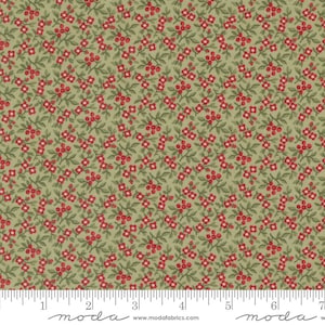 May include: Close-up of a fabric with a repeating floral pattern. Small red flowers with white centers and green leaves are scattered across a light green background. The fabric has a textured appearance and a ruler is at the bottom.