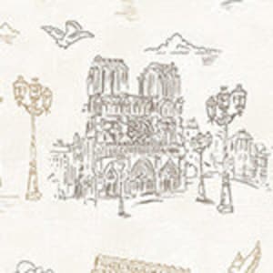 May include: A black and white line drawing of the Notre Dame Cathedral in Paris, France. The drawing includes details of the cathedral's facade, including the iconic gargoyles and stained glass windows. The drawing also includes streetlights and birds in the sky.
