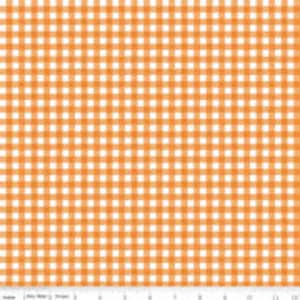 May include: Orange and white gingham fabric. The fabric features a classic checkered pattern, with evenly spaced squares of orange and white. The pattern is consistent across the entire surface, creating a visually appealing and symmetrical design. This fabric is suitable for various sewing and crafting projects.