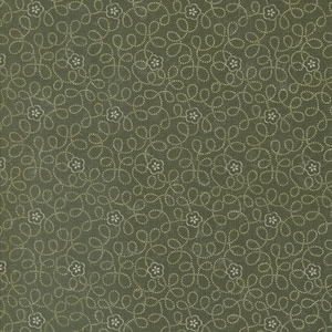 May include: Olive green fabric with a repeating pattern of white dotted lines and small, five-petal flower shapes. The design creates a flowing, organic aesthetic, suitable for various craft and sewing projects.