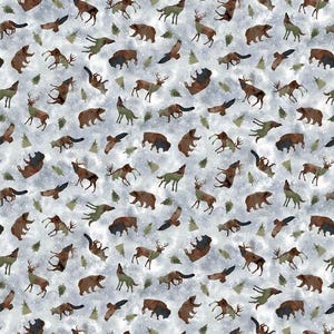 May include: A seamless pattern featuring a variety of woodland animals, including deer, bison, bears, and wolves, in shades of brown, gray, and white against a light blue background. The animals are silhouetted and appear to be walking or running through a snowy forest.