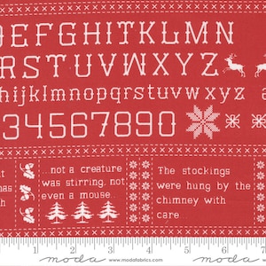 May include: Red fabric with a white alphabet, numbers, and a Christmas-themed quote: "'Twas not a creature was stirring, not even a mouse... The stockings were hung by the chimney with care."