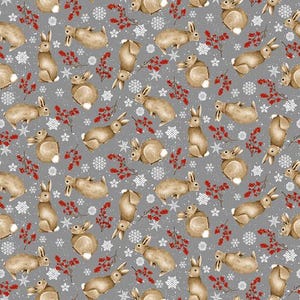 May include: A seamless pattern featuring brown bunnies, red berries, and white snowflakes on a gray background.