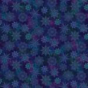 May include: A dark blue fabric with a repeating pattern of teal and blue snowflake-like designs. The pattern has a textured appearance, with varying shades of blue and teal. The overall effect is a wintery or celestial theme.
