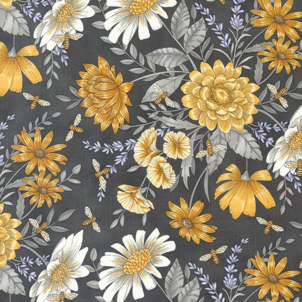 Moda - HONEY & LAVENDER - Quilt Fabric by the 1/2 yard by Deb Strain 56083 17  Gray Gold Lavender  Bees and Flowers