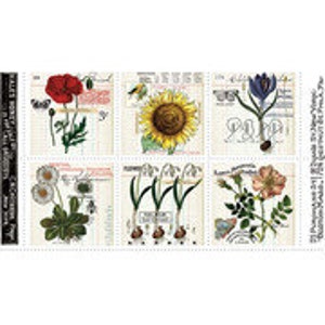 May include: A vintage style illustration sheet featuring six different botanical drawings of flowers and plants. The illustrations are in a watercolor style and include a poppy, sunflower, crocus, daisy, snowdrop, and rose.
