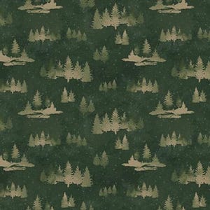 May include: A repeating pattern of stylized evergreen trees in varying sizes and shades of tan and beige, set against a dark green background. The design includes small white dots, creating a snowy effect. The overall theme is nature and winter.