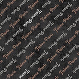 May include: Black wrapping paper with the text "J'aime Paris" in a repeating pattern. The text is in a cursive font and is in a light brown color. The background is a dark gray color.