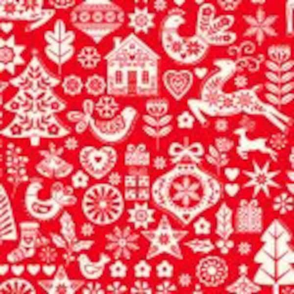 Makower UK Fabrics - SCANDI WINTER  - Quilt Fabric-by-the-1/2yard    TP2575 R    Red Scandi Designs