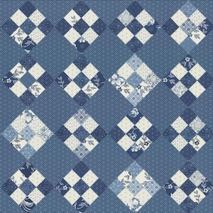 May include: A blue and white patchwork quilt with a diamond pattern. The quilt features squares within squares, with floral and dotted patterns in shades of blue and cream. The overall design is symmetrical and visually appealing.