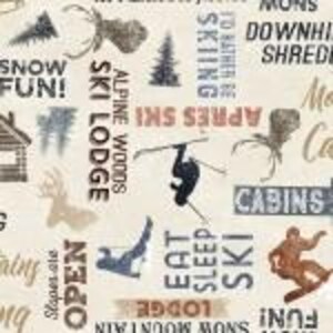 May include: A cream-colored fabric with a repeating pattern of ski-themed words and illustrations. The design includes text such as "SKI LODGE," "SNOW FUN!," and "APRES SKI," along with images of skiers, cabins, and deer.