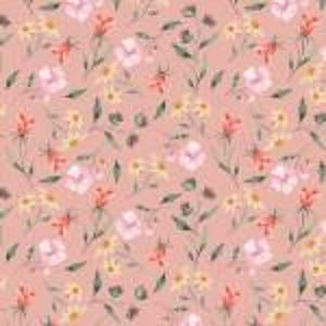 May include: A seamless pattern featuring a repeating floral design. The pattern includes various flowers in shades of pink, yellow, and orange, along with green leaves, set against a soft, peachy-pink background. The watercolor style gives a delicate, artistic feel.