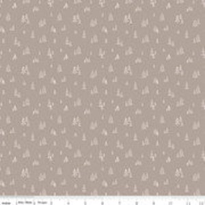 May include: A beige fabric with a white repeating pattern of small trees and other foliage.