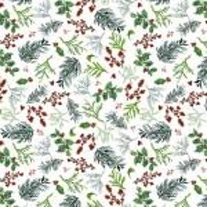 May include: A repeating pattern of green, gray, and red botanical elements on a white background. The design includes sprigs of pine needles, berries, and other foliage, creating a festive, natural aesthetic. The pattern is suitable for fabric or wallpaper.