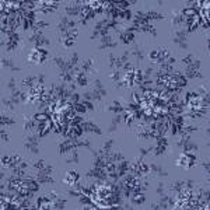 May include: A seamless pattern featuring a floral design in shades of blue. The pattern includes detailed illustrations of roses and other flowers, creating a classic, vintage aesthetic. The background is a solid, muted blue.