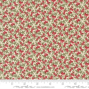 May include: A white fabric with a repeating pattern of small red flowers and green leaves. The fabric is a cotton blend and is perfect for quilting, crafts, and home decor.