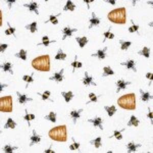 May include: A white background with a repeating pattern of bumblebees and honeycombs. The bumblebees are yellow and black with fuzzy bodies and clear wings. The honeycombs are brown and have a textured surface.