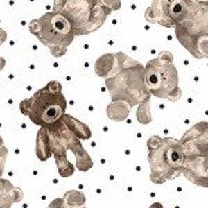 May include: A seamless pattern featuring brown and gray teddy bears on a white background with black polka dots.