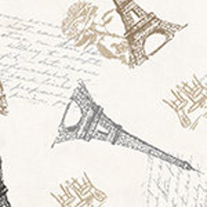 May include: Off-white fabric with a repeating pattern of Eiffel Tower illustrations in brown and gray, along with script text and floral accents. The design has a vintage, travel-themed aesthetic.