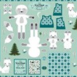 May include: A set of printable paper craft patterns featuring a white polar bear, a fox, a snowy owl, a pine tree, and a moon. The patterns are on a light blue background with white polka dots.
