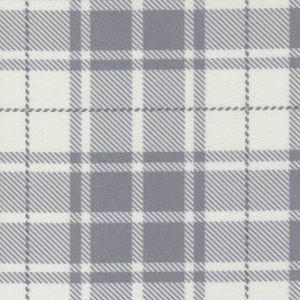 May include: A white fabric with a gray plaid pattern. The fabric has a subtle diagonal pattern within the plaid.