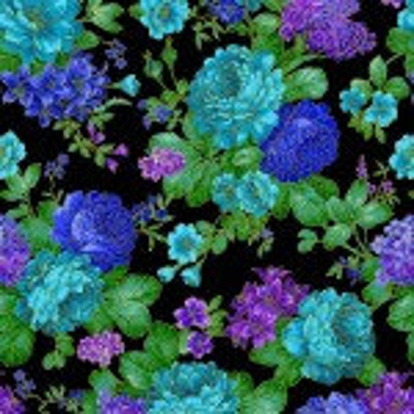 Michael Miller Fabrics - OPULENT - Quilt Fabric-by-the-1/2 yard   DM10570-Blue-D   Blue and Metalic Opulent Bouquet