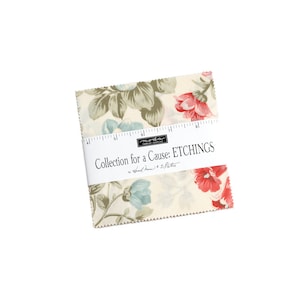 May include: A cream-colored fabric square with a floral print in shades of pink, green, and blue. The fabric is labeled "Collection for a Cause: ETCHINGS by Moda Fabrics".
