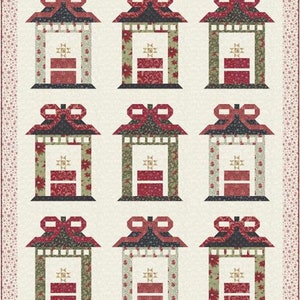 May include: Nine red and green patterned gift boxes with bows, each inside a black and white patterned frame. The boxes are arranged in three rows of three.