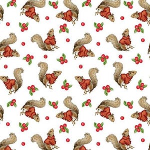 May include: A repeating pattern on a white background features squirrels wearing red sweaters, interspersed with sprigs of green leaves and red berries. The squirrels are in various poses, creating a whimsical, festive design.