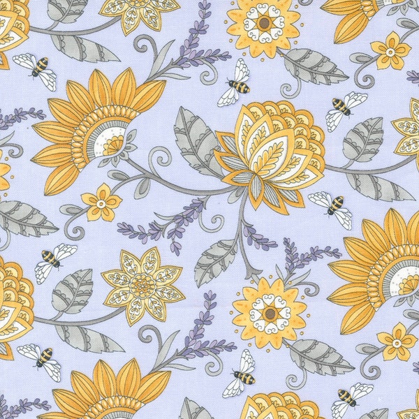 Moda - HONEY & LAVENDER - Quilt Fabric by the 1/2 yard by Deb Strain 56080 18  Gray Gold Lavender  Bees and Flowers