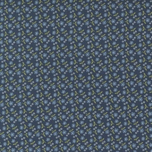 May include: A seamless pattern of small blue flowers with green leaves on a dark blue background.