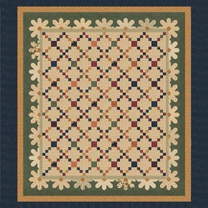 May include: A handcrafted quilt with a repeating square pattern in shades of beige, red, blue, and green. The quilt is bordered with a green and tan floral design, and a dark blue background.